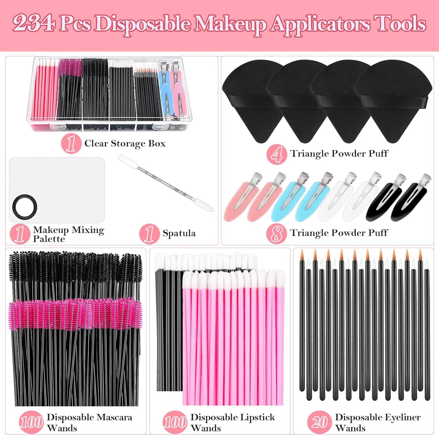 Disposable Makeup Applicators Kit with Triangle Makeup Puff Makeup Mixing Palette Makeup Artist Supplies Disposable Mascara Wands, Lip Brushes, Hair Clips Powder Puffs for Face with Storage Box - Image 2
